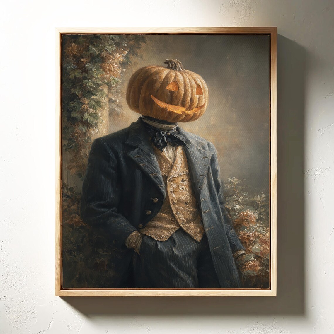 Pumpkin Head Gentleman In Vintage Suit Standing Spooky Elegant Portrait Wall Art