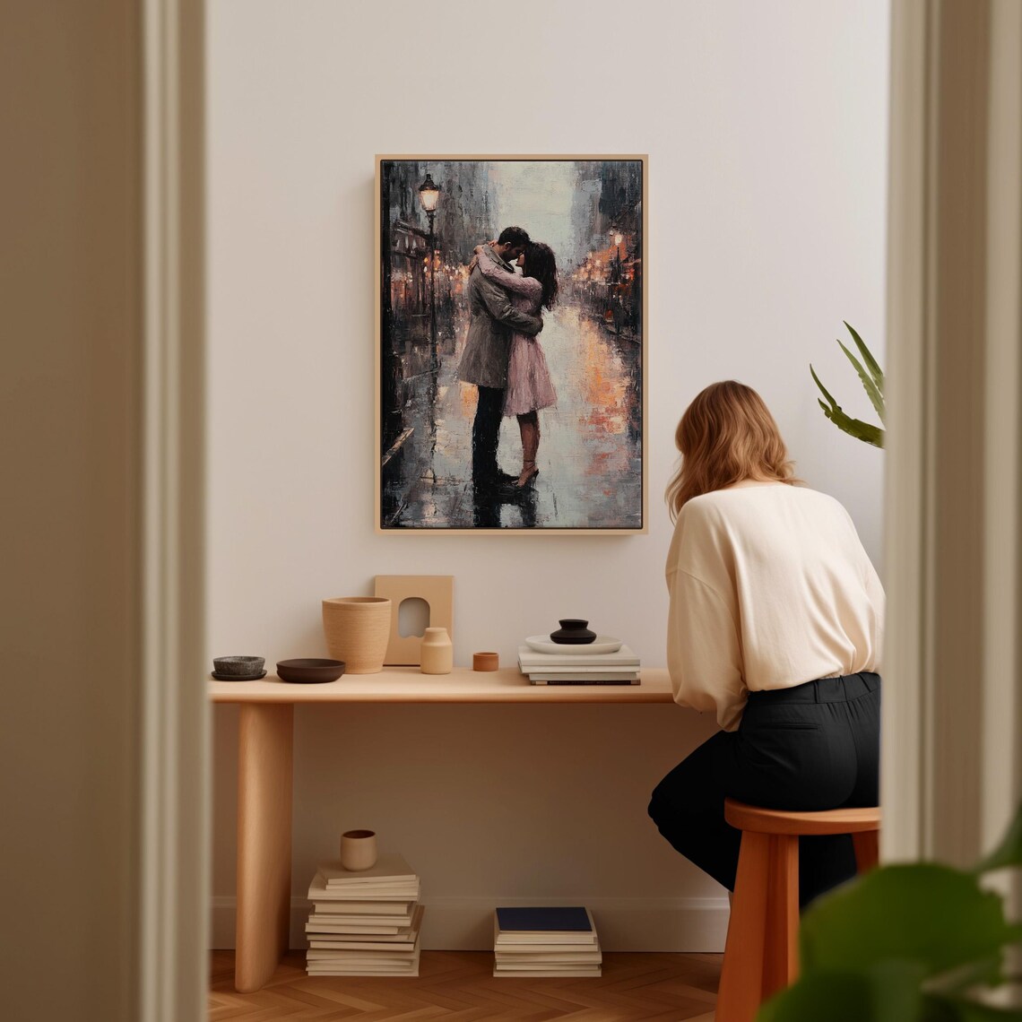 Romantic Couple In The Rain, Cityscape Art Print - Image 4