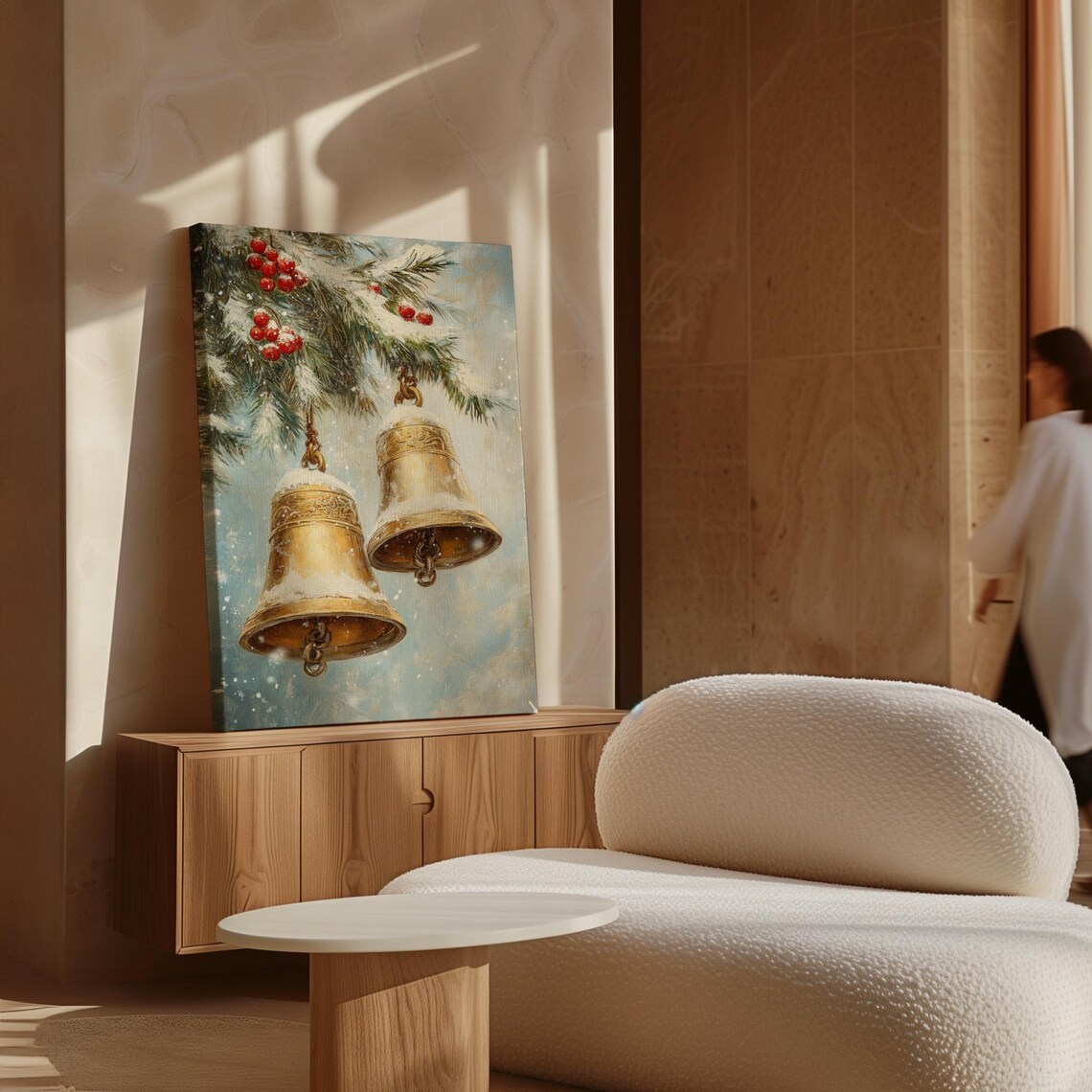 Two Golden Bells On Snowy Pine Branch Winter Holiday Season Poster - Image 7