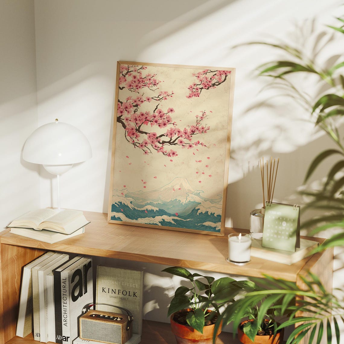 Cherry Blossoms Over Mount Fuji with Ocean Waves Japanese Art Poster