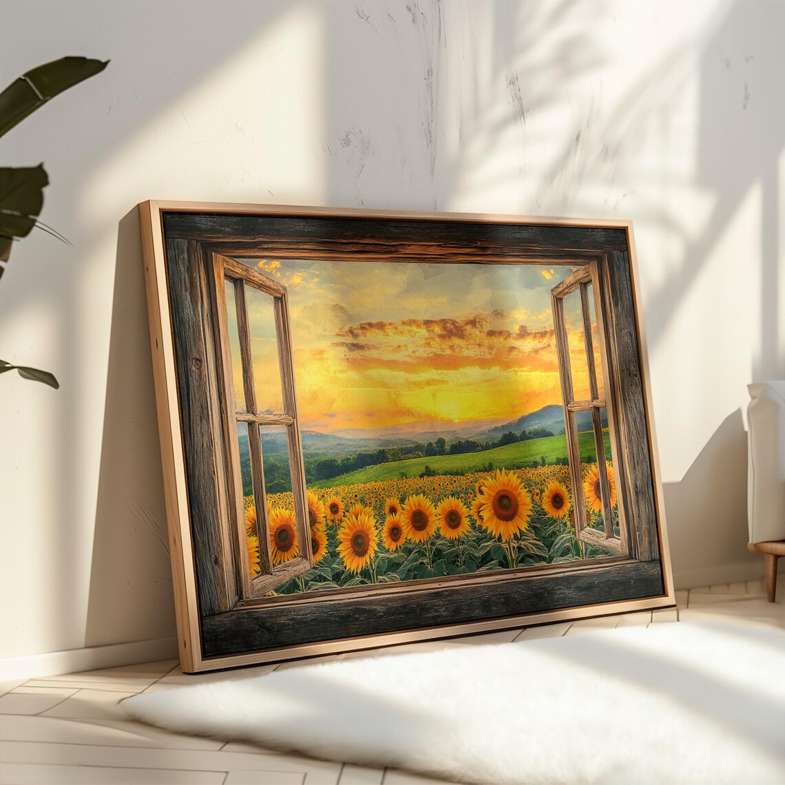 Rustic Window View Sunflower Field Golden Sunset Countryside Poster