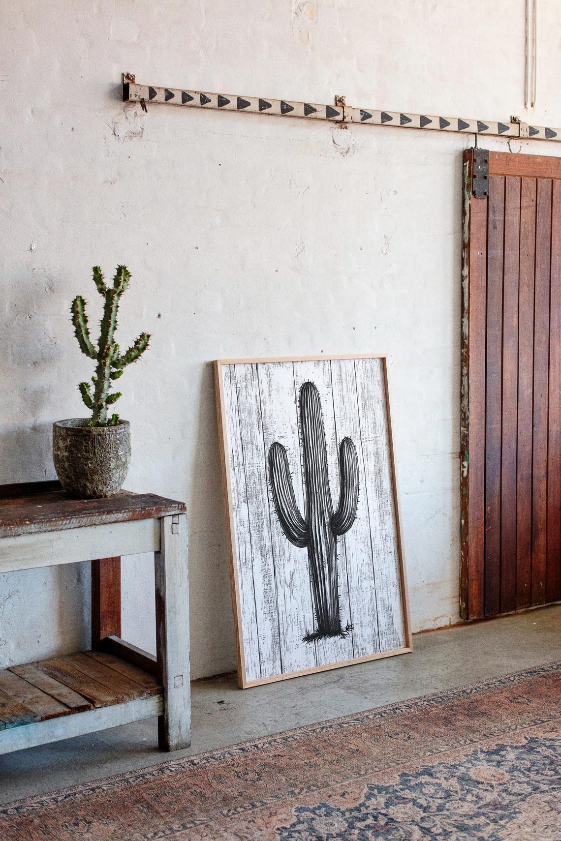 Minimalist Black and White Saguaro Cactus Sketch on Wood Print - Image 5