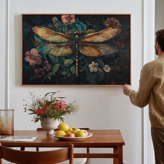 Elegant Dragonfly Wall Art Botanical Nature Print With Floral Background Stunning Vintage Inspired Home Decor