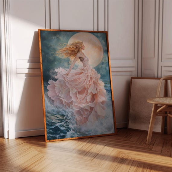 Moonlight Ocean Goddess Canvas Ethereal Blonde Woman In Flowing Gown Feminine Fantasy Art Print Surreal Sea Moon Wall Decor