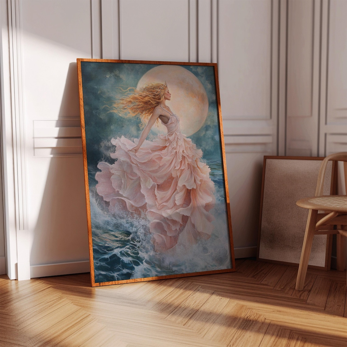 Blonde Woman Pink Gown Ocean Waves Under Moonlight Fantasy Poster