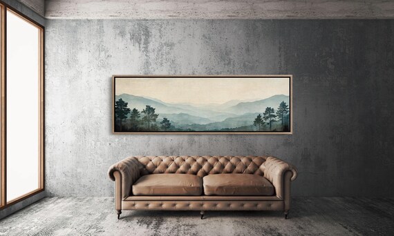 Foggy Mountain Landscape Minimalist Nature Wall Art Serene Forest Mist Print Tranquil Scenic Painting Calming Home Decor