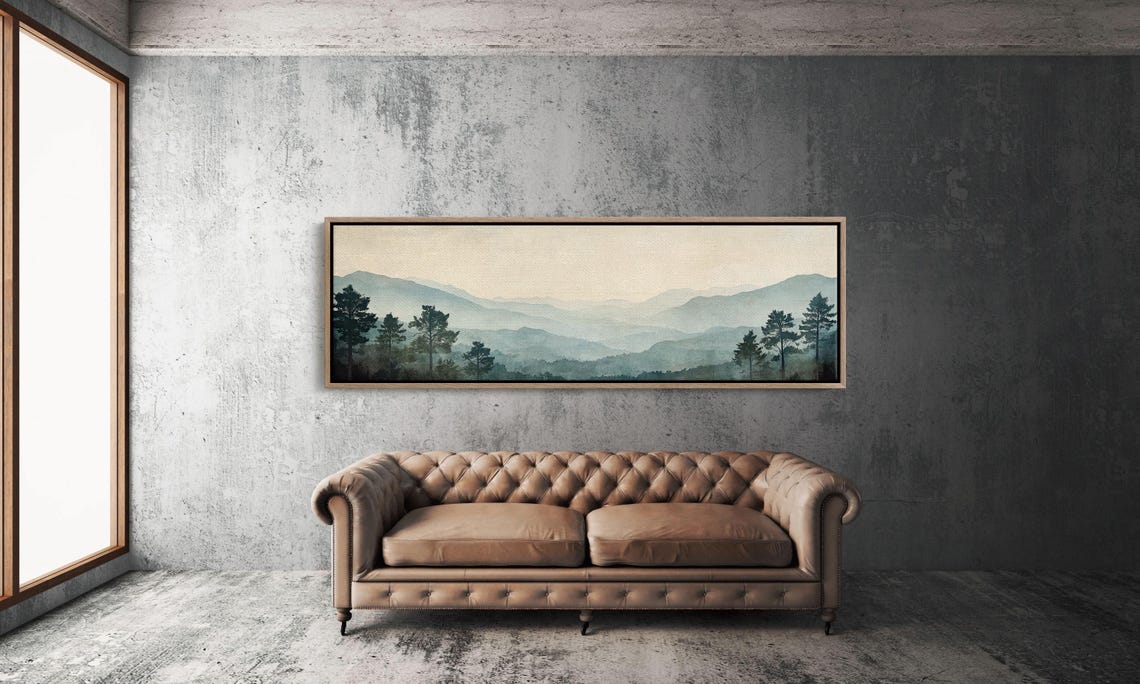 Foggy Blue Mountain Layers With Pine Trees Minimalist Panoramic Poster
