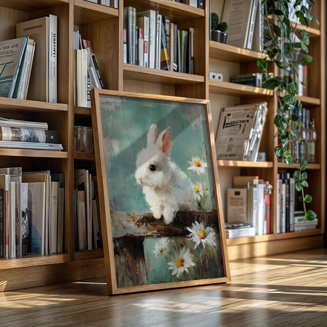 White Bunny With Daisies Oil Painting Teal Spring Nursery Animal Poster