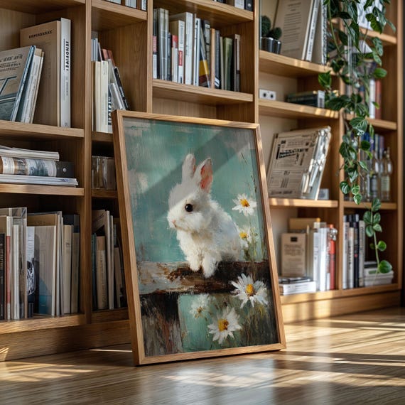 Vintage Oil Painting Of White Bunny With Daisies Cute Rabbit Wall Art On Teal Background Spring Animal Canvas For Cottage And Nursery Decor