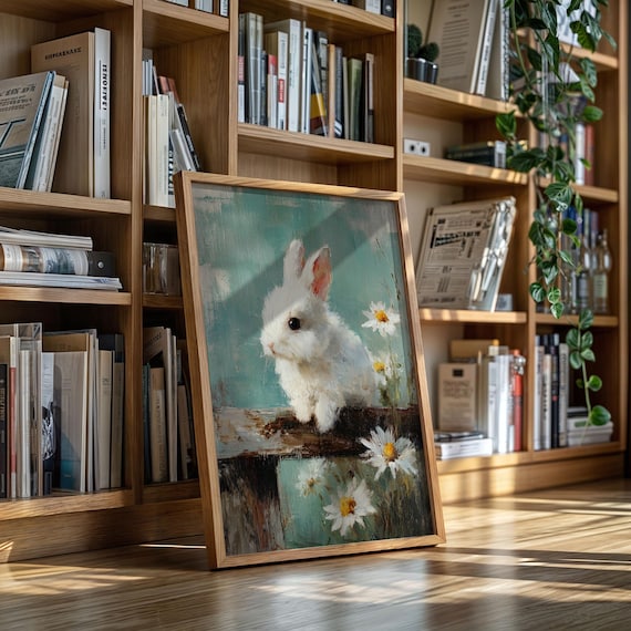 White Bunny With Daisies Oil Painting Teal Spring Nursery Animal Poster