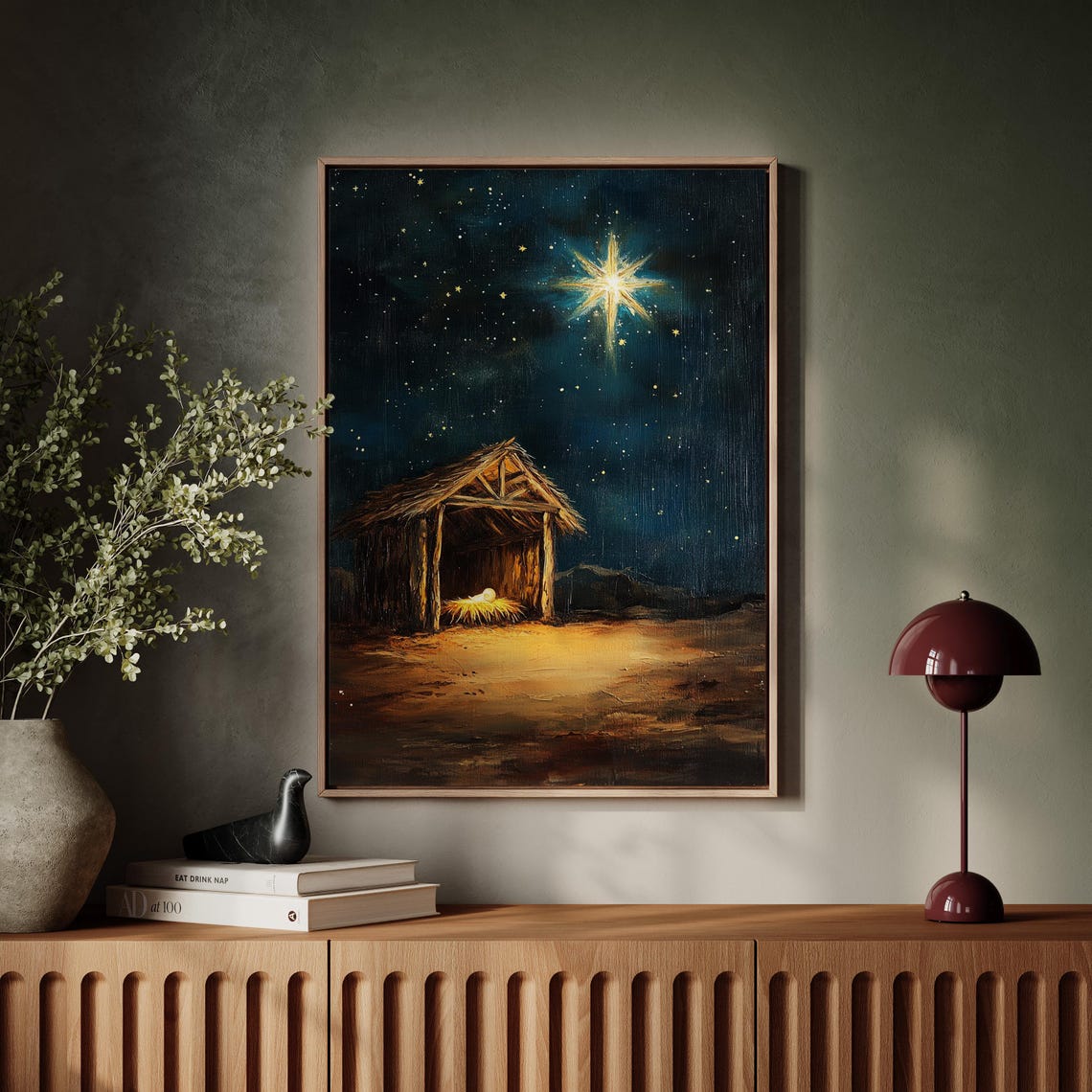 Baby Jesus In Manger At Nativity Stable Under Bright Star Night Poster - Image 6