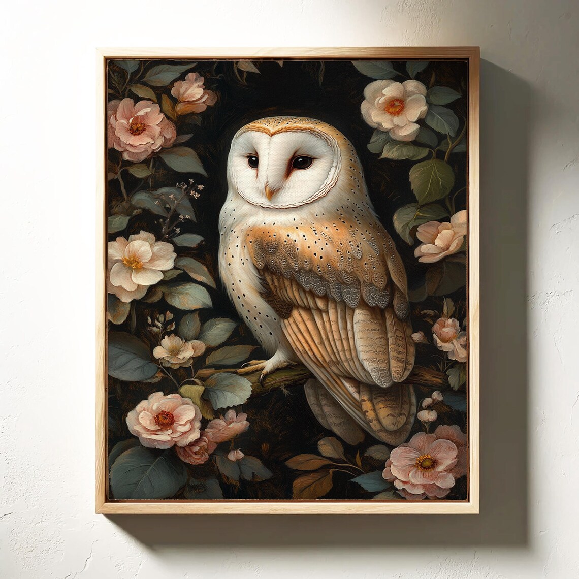 Barn Owl Among Pink Blossoms Dark Floral Wildlife Art Poster