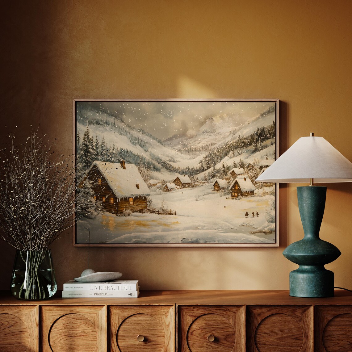 Cozy Snowy Village With Cabins Under Mountain Snowfall Poster