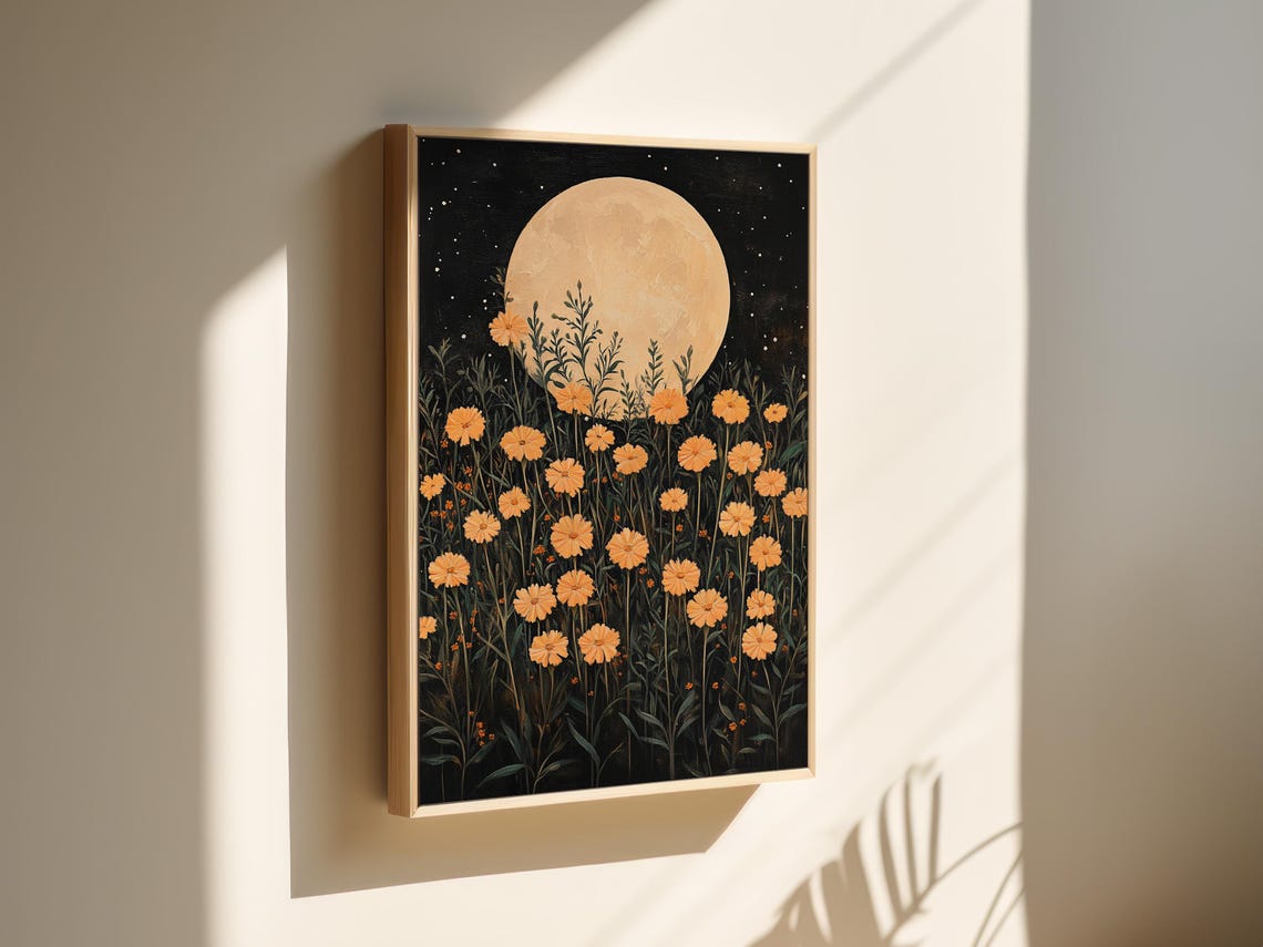 Golden Marigold Field Under Full Moon Night Sky Floral Art Poster - Image 5
