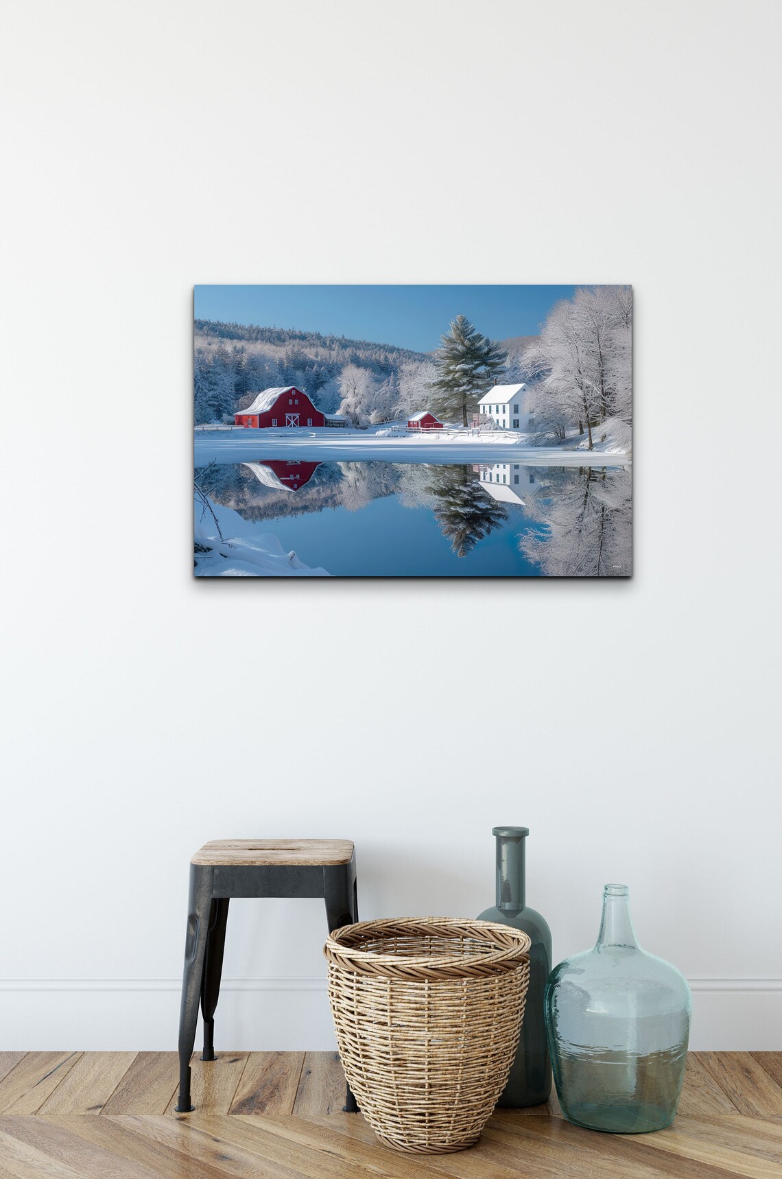 Cozy Winter Red Barn Farmhouse on Frozen Lake Reflection Poster - Image 3