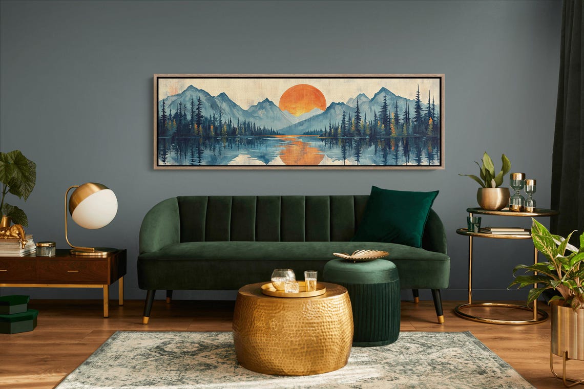 Vintage Sunrise Mountain Lake Orange Sun Reflection Pine Forest Poster - Image 6