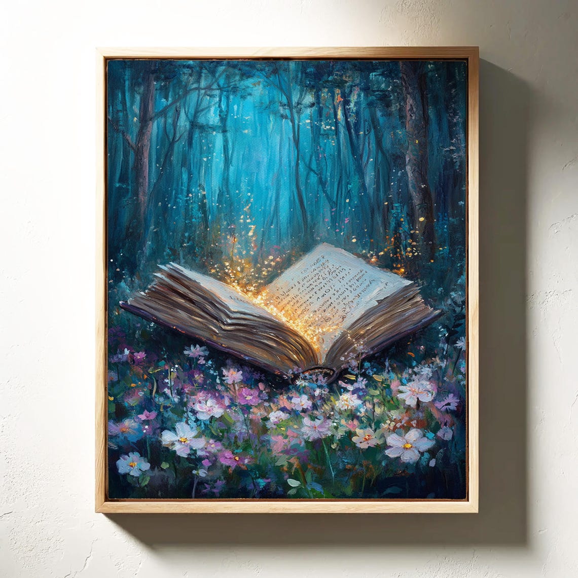 Magical Glowing Open Book in Moonlit Forest With Wildflowers Poster - Image 6