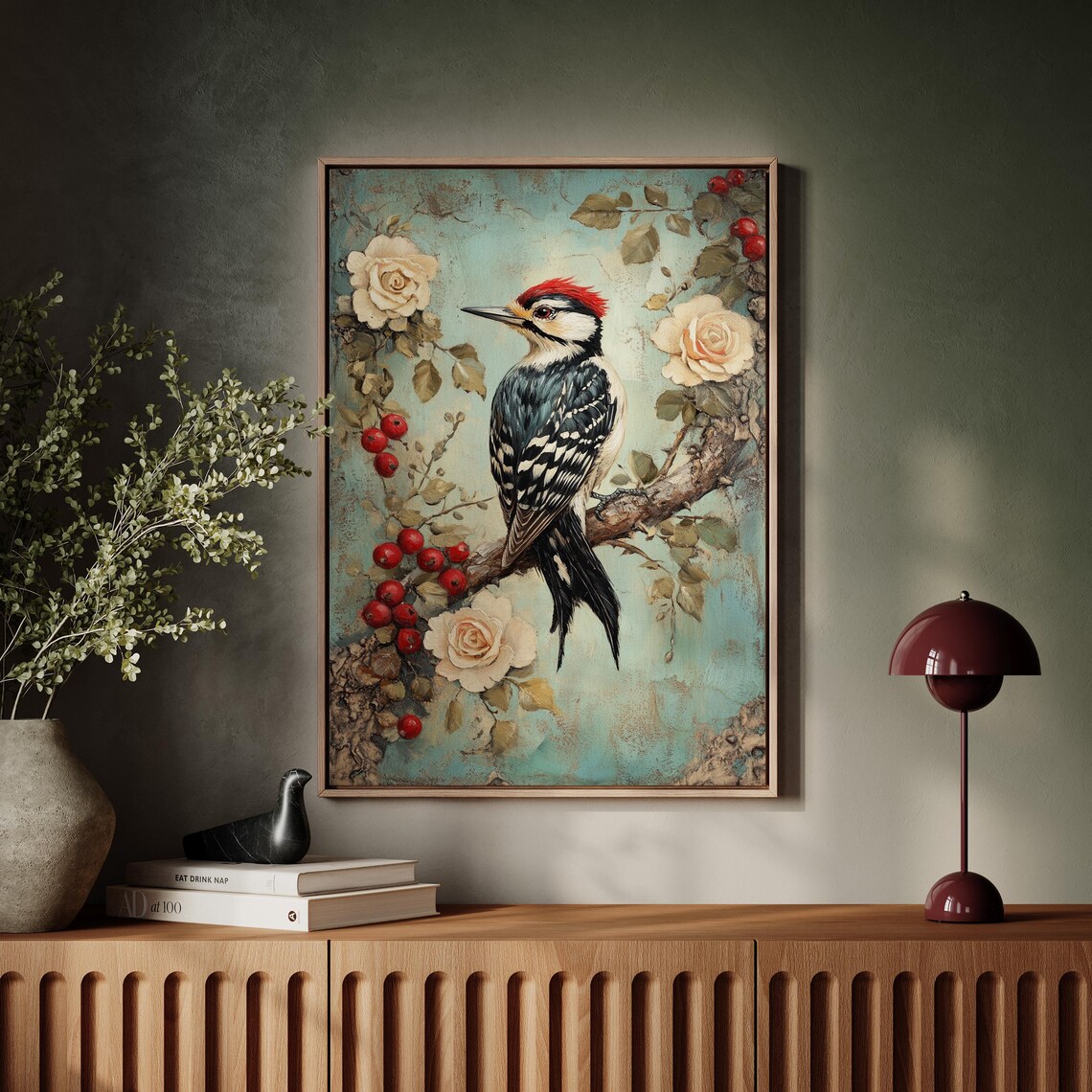 Woodpecker On Branch Vintage Bird Roses Berries Nature Scene Poster - Image 4