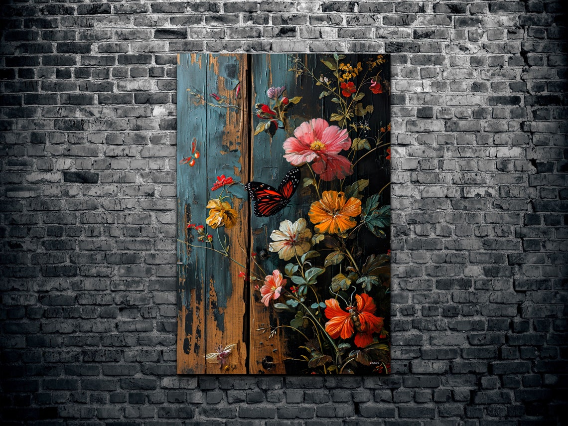 Moody Floral Butterfly Weathered Blue Wood Botanical Wall Art - Image 2