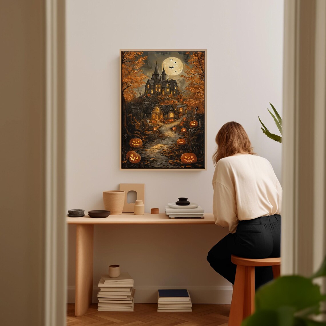 Haunted Halloween Village Jack O Lantern Path Full Moon Night Wall Art - Image 5