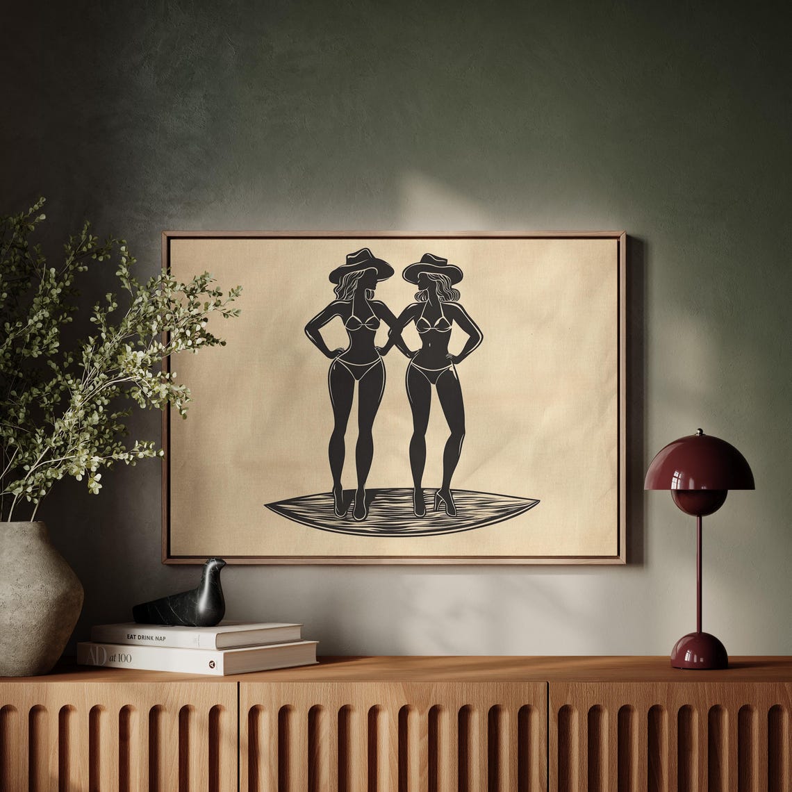 Cowgirl Silhouette Art Western Bikini Wall Decor Vintage Style Black And Beige Poster - Image 4