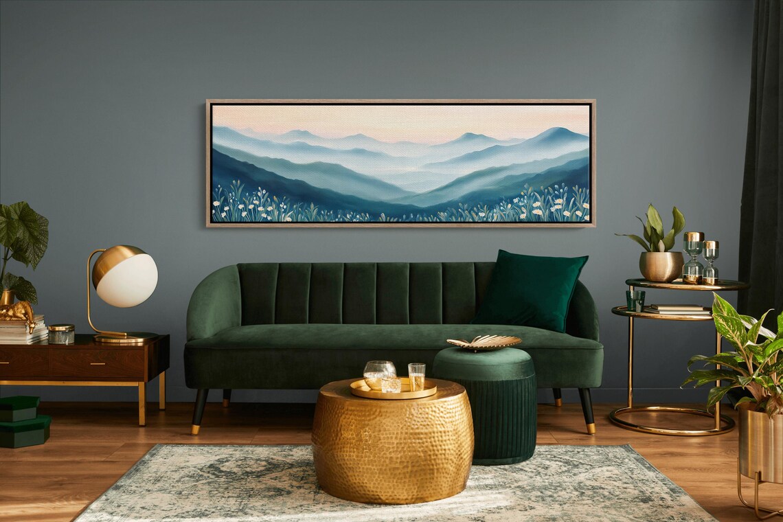 Layered Blue Mountains at Sunrise With Wildflowers Panorama Poster - Image 7
