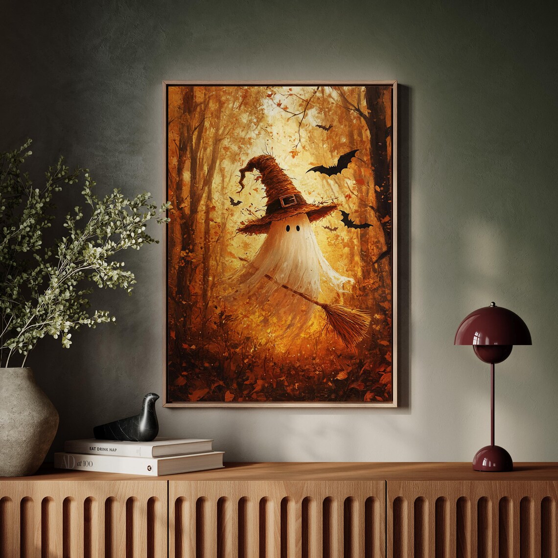 Cute Ghost In Witch Hat With Broom Flying Through Golden Autumn Forest Poster - Image 4