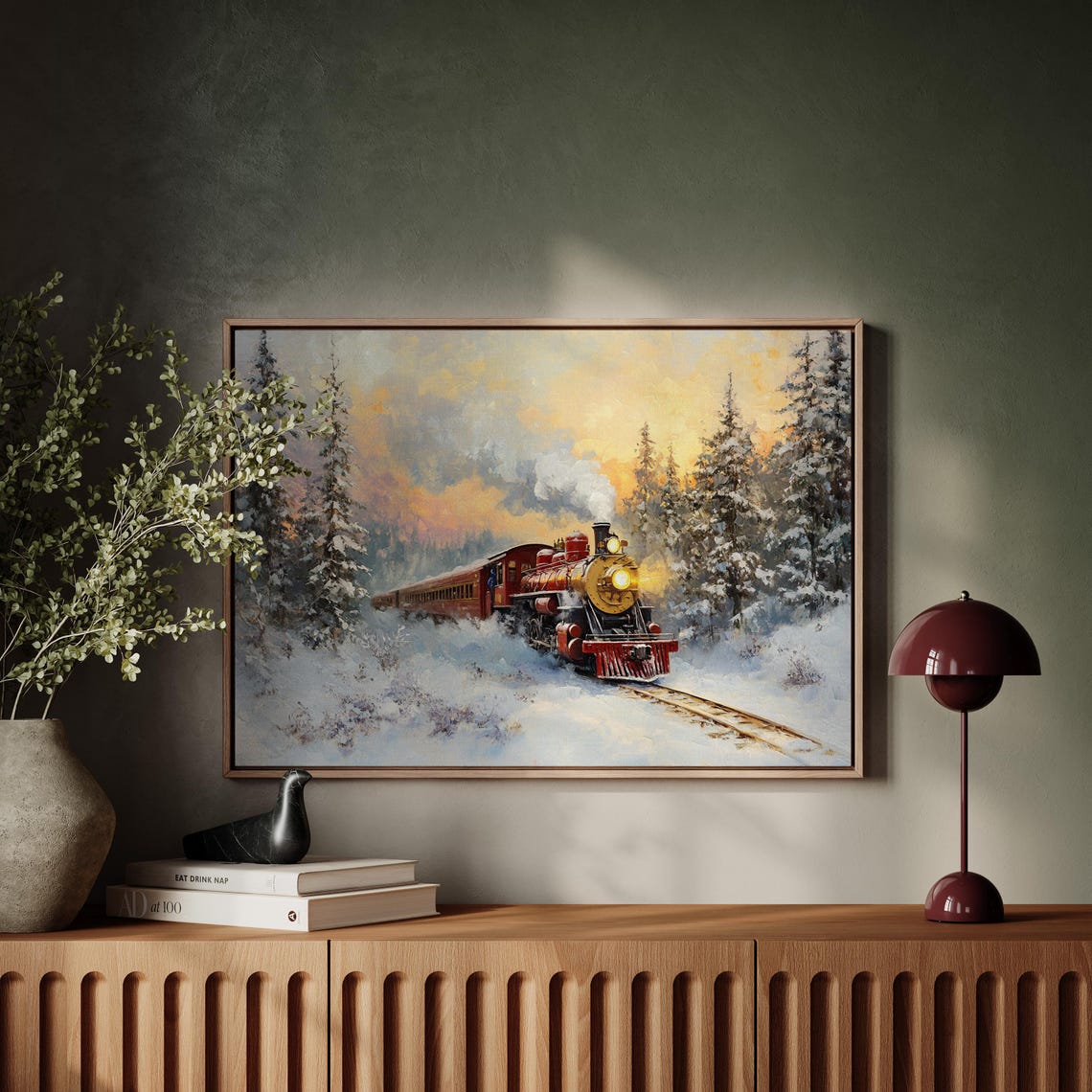 Vintage Red Steam Train Crossing Snowy Sunset Landscape Wall Art