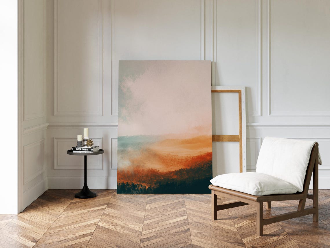 Abstract Warm Orange Teal Gradient Landscape Sunset Haze Wall Art - Image 2