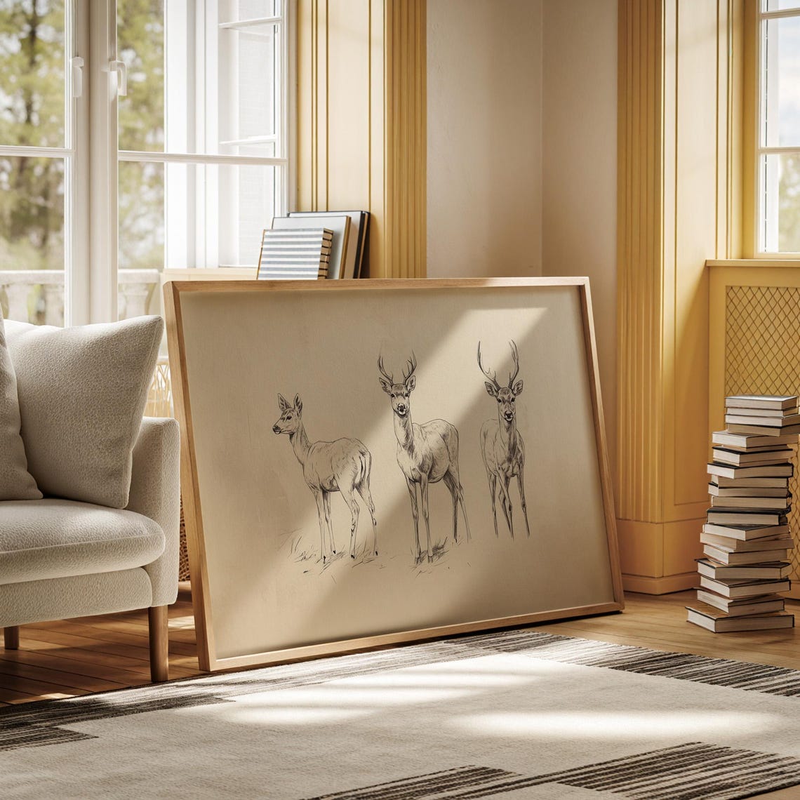 Minimalist Ink Sketch of Three Deer on Warm Linen Art Poster