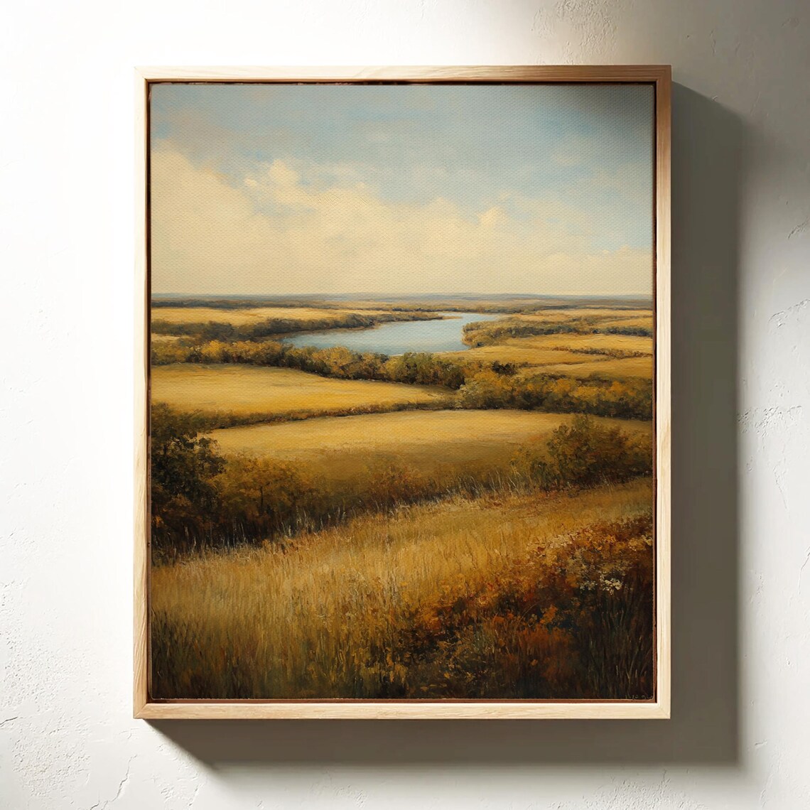 Golden Prairie River Landscape, Vintage Oil Painting - Image 3