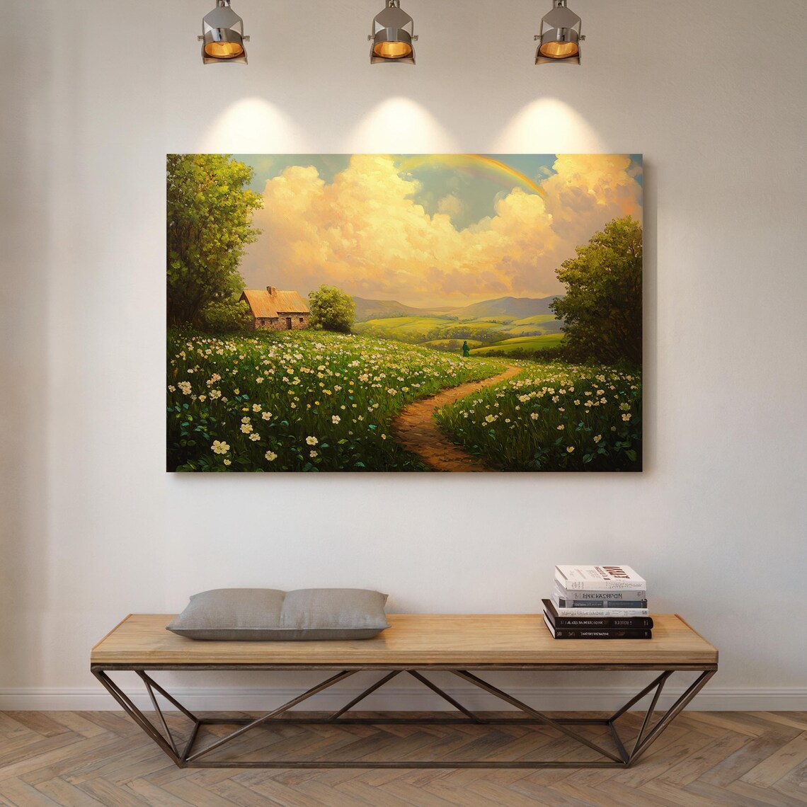 Scenic Irish Countryside Cottage Rainbow, Landscape Art - Image 7