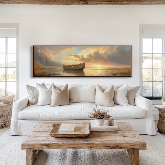 Noahs Ark Rainbow Sunset Biblical Boat Painting Christian Poster