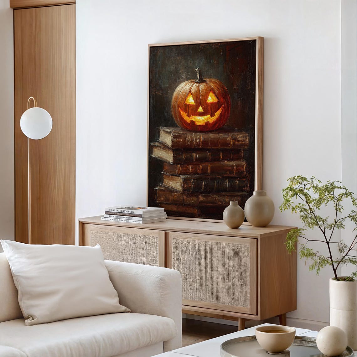 Glowing Jack O Lantern Resting on a Stack of Vintage Books Poster - Image 6