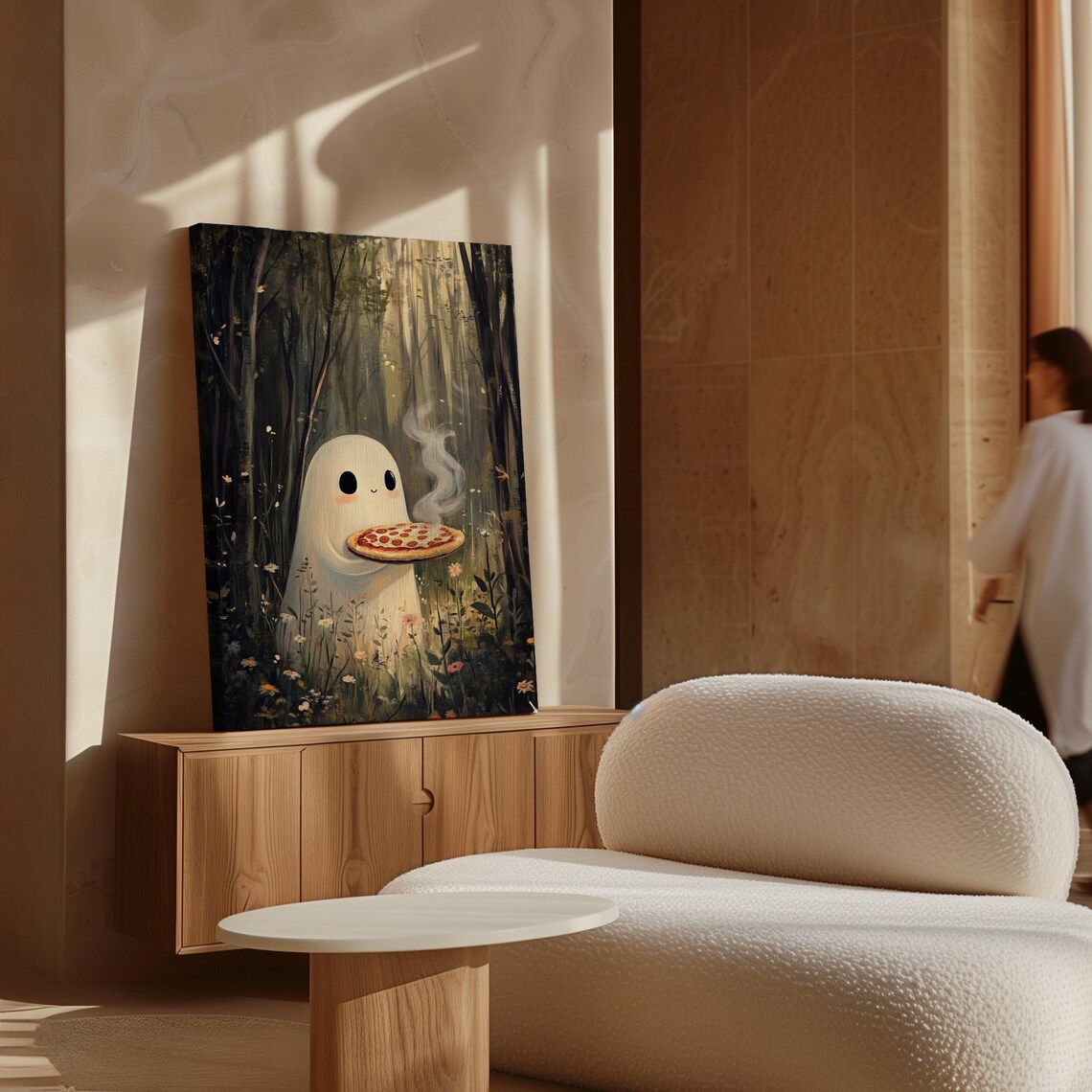 Whimsical Forest Ghost Serving Fresh Pizza Art Print - Image 3