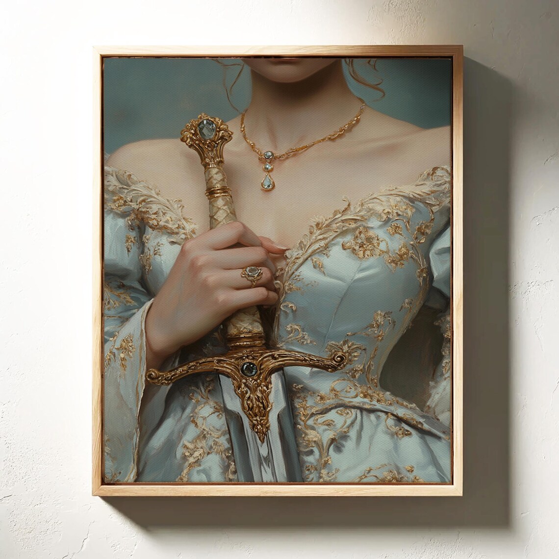 Elegant Woman in Blue Dress Holding Jeweled Sword Close Up Poster - Image 3