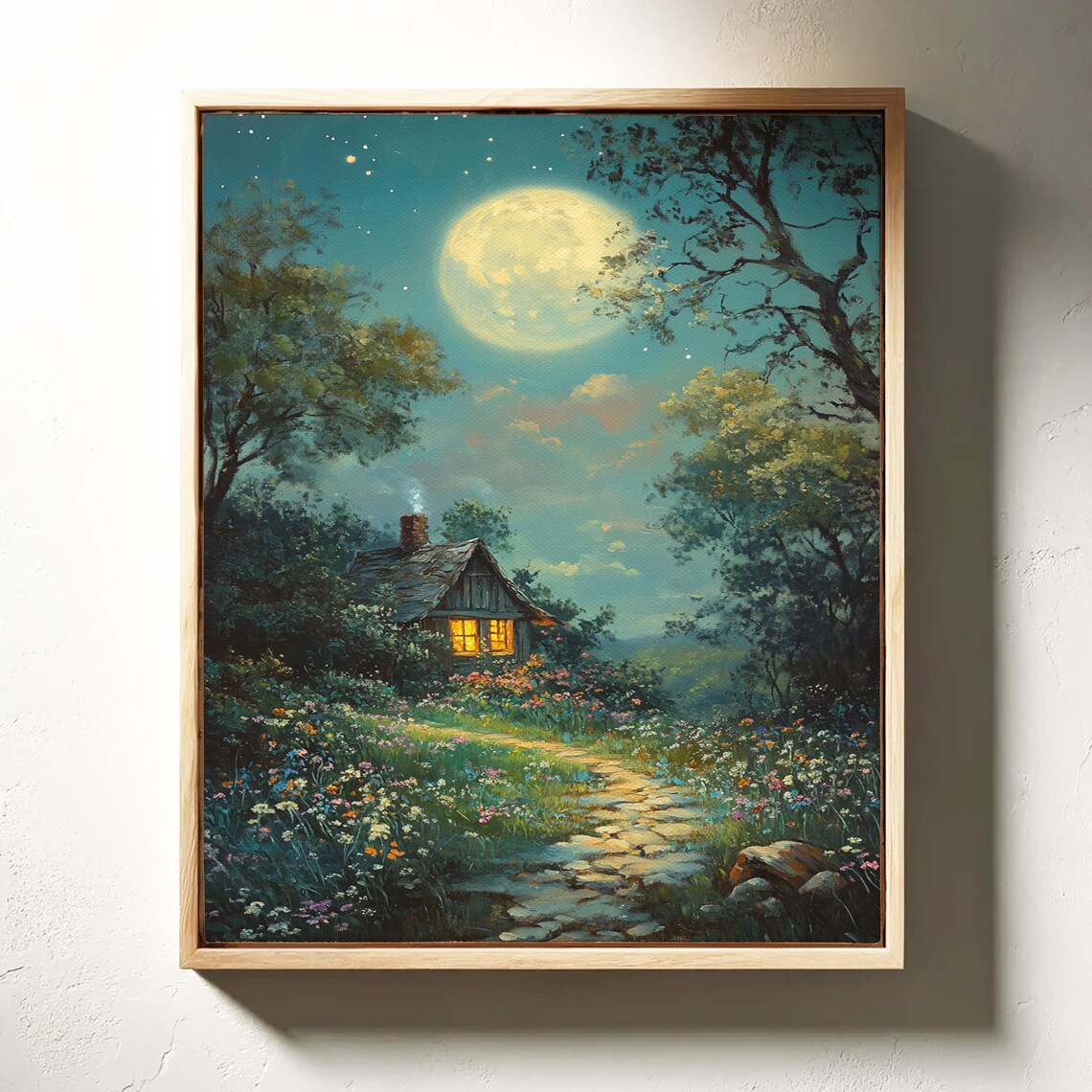 Woodland Cottage Full Moon Stone Path Meadow Flowers Night Poster - Image 6