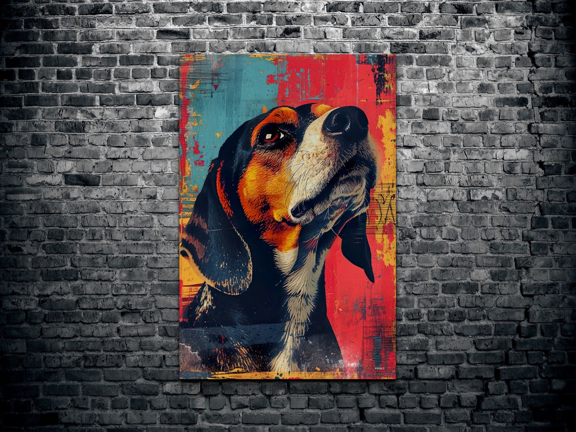Beagle Dog Profile in Vintage Red and Teal Distressed Art Poster - Image 2