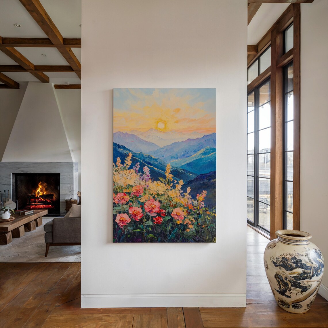 Sunlit Mountain Meadow Wildflowers Golden Sunrise Landscape Poster - Image 3
