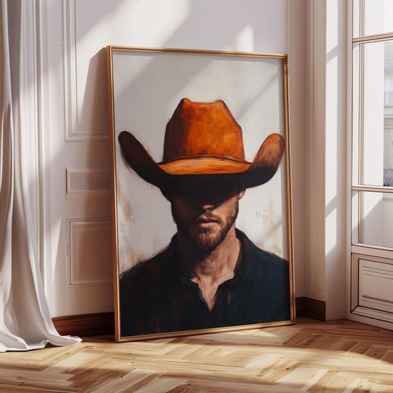 Cowboy Portrait Canvas Art Western Rustic Wall Decor Bold Country Man In Hat Painting Farmhouse Ranch Style Statement Print