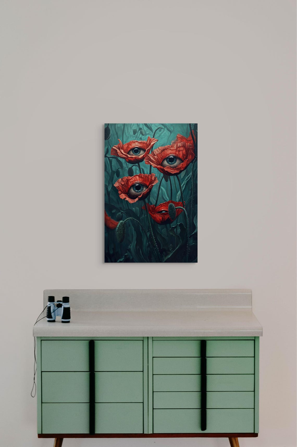 Watchful Eye Poppy Blooms Teal Surreal Botanical Horror Art Poster - Image 3