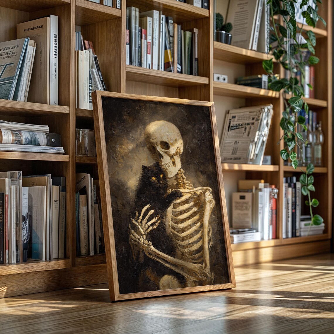 Skeleton Holding Black Cat Gothic Halloween Companion Oil Style Wall Art