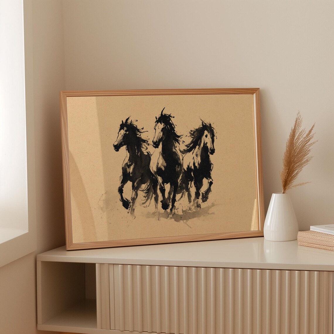 Wild Horses Black Ink Brushstroke Galloping Horses Art Poster