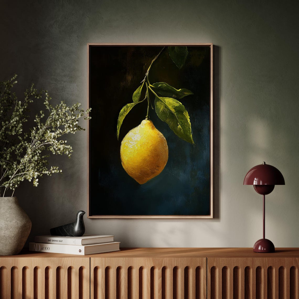 Single Ripe Lemon Hanging Dark Moody Citrus Still Life Art Poster - Image 5