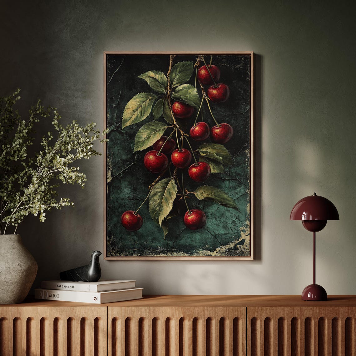 Rustic Cherry Branch Vintage Botanical Dark Teal Kitchen Poster - Image 7