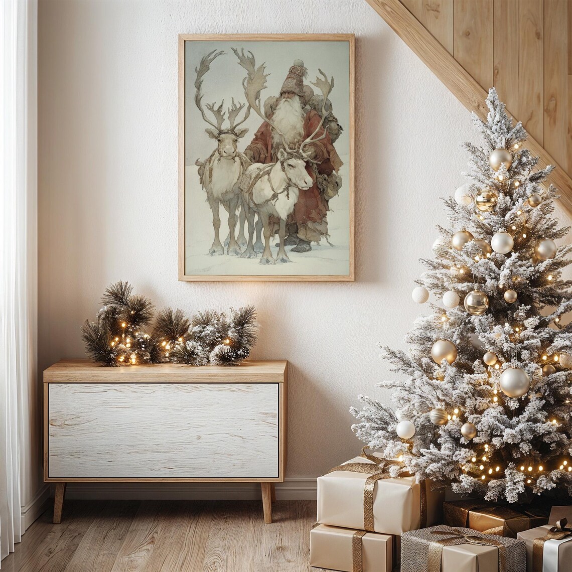 Vintage Santa With Reindeer Winter Scene Art Print