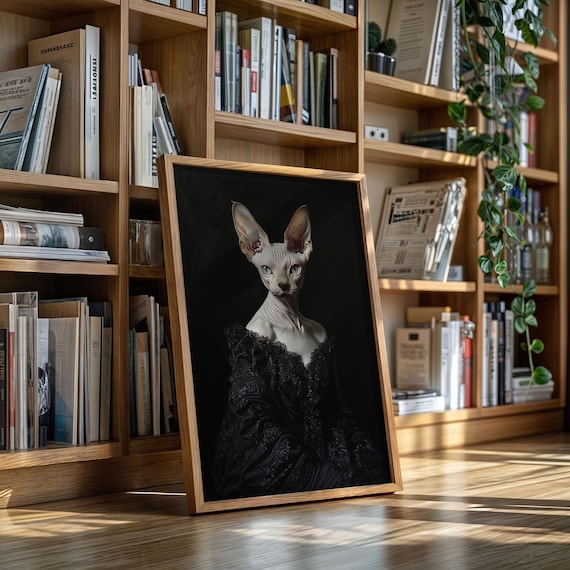 Regal Sphynx Cat In Black Lace Gown Gothic Victorian Wall Art