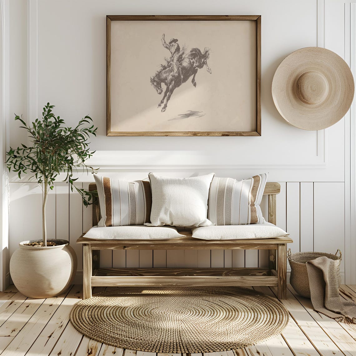 Vintage Cowboy Riding Bucking Horse Classic Pencil Sketch Wall Art