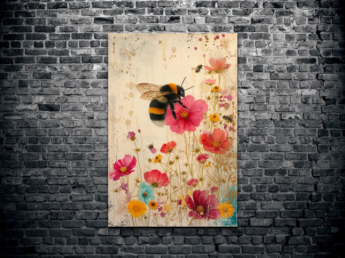 Bumble Bee Pink Wildflowers Watercolor Summer Meadow Garden Poster - Image 2