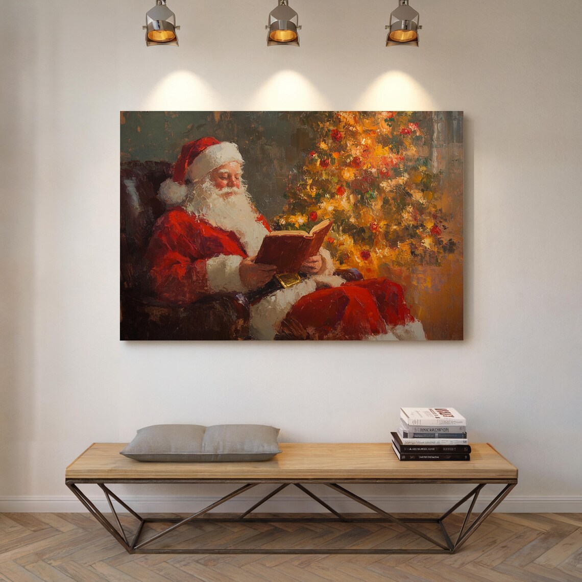 Santa Claus Reading Book Beside Golden Christmas Tree Poster - Image 4